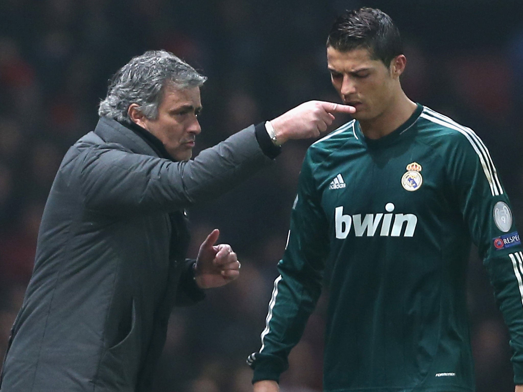 Jose Mourinho gives Cristiano Ronaldo instructions in Real Madrid's 2-1 victory at Manchester United last season