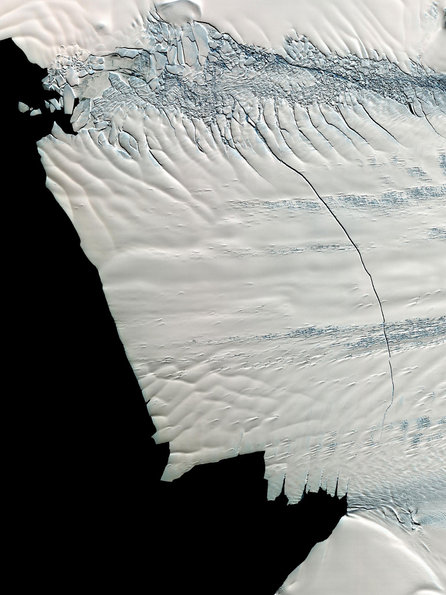 An image captured in November 2011 by NASA's Terra spacecraft, showing the crack developing on the Pine Island Glacier. The iceberg has separated from the sheet in the past few days