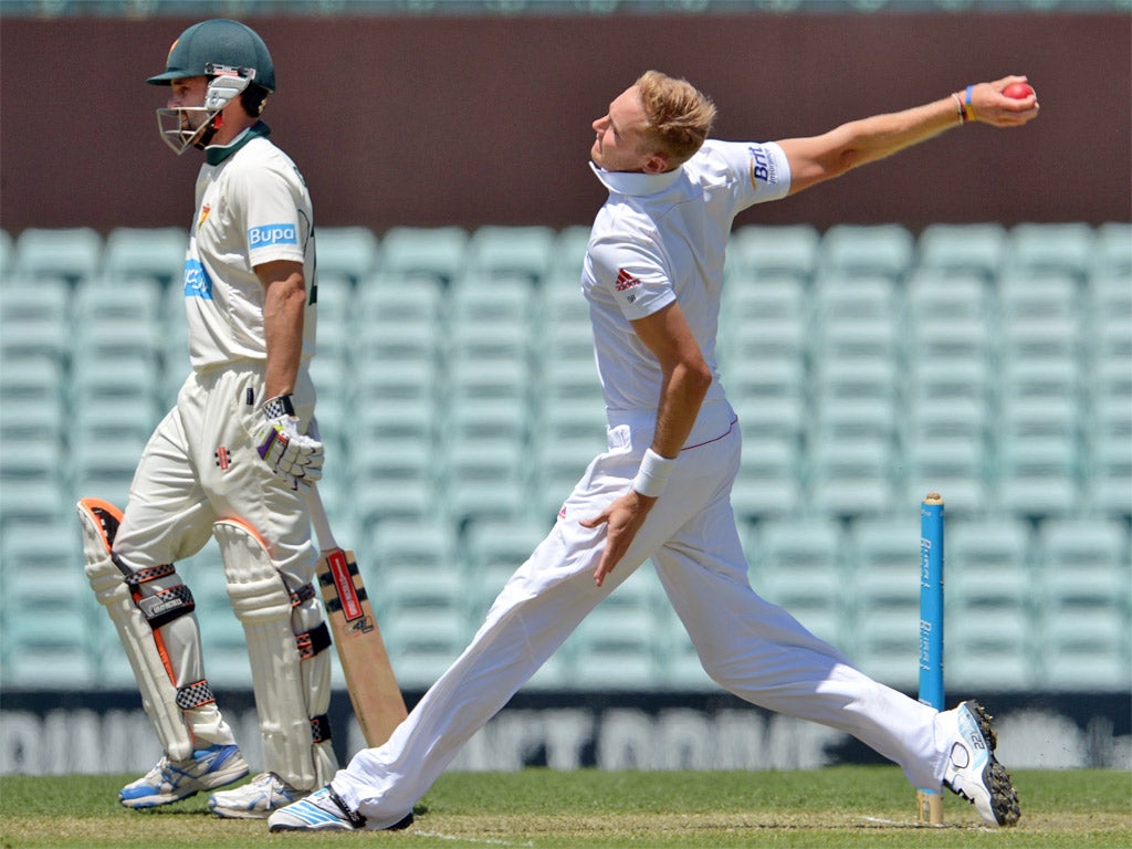 England's Stuart Broad bowls during day one of the tour match against the CA Invitational XI