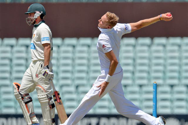 England's Stuart Broad bowls during day one of the tour match against the CA Invitational XI