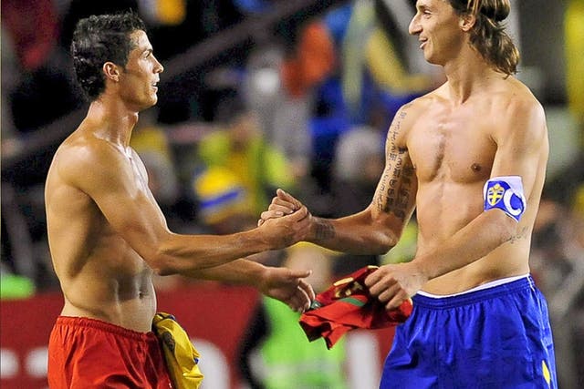 Cristiano Ronaldo (left) and Zlatan Ibrahimovic show their respect after their one international encounter in 2008