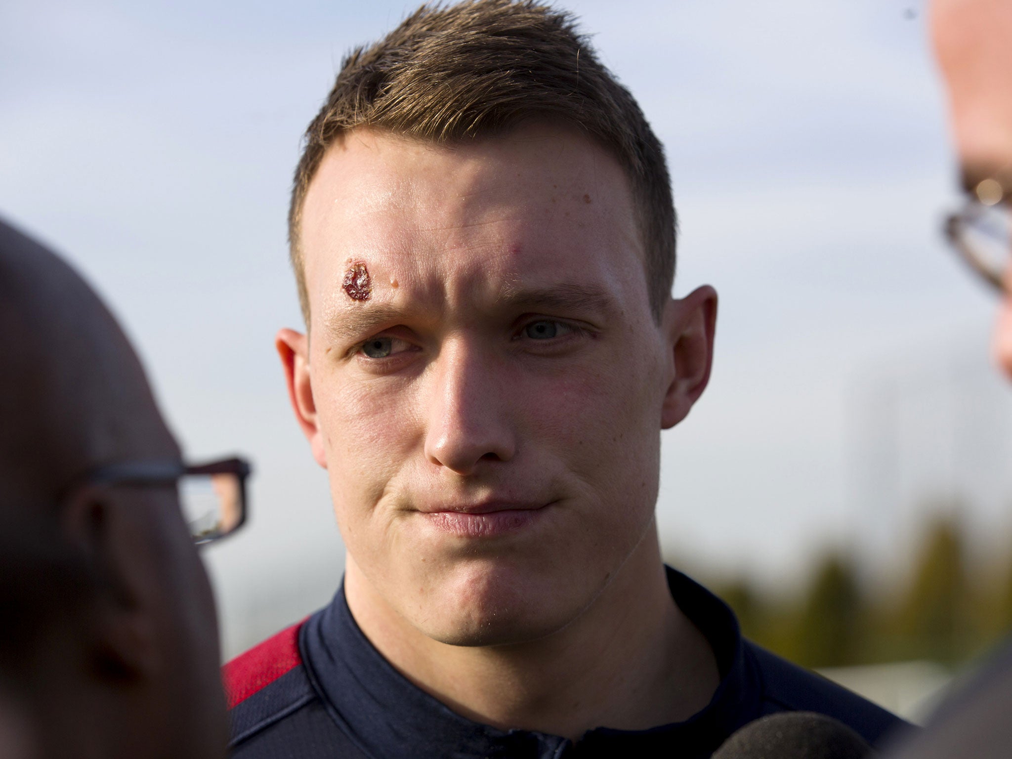 Manchester United and England defender Phil Jones speaks to journalists after training at Arsenal's London Colney training ground