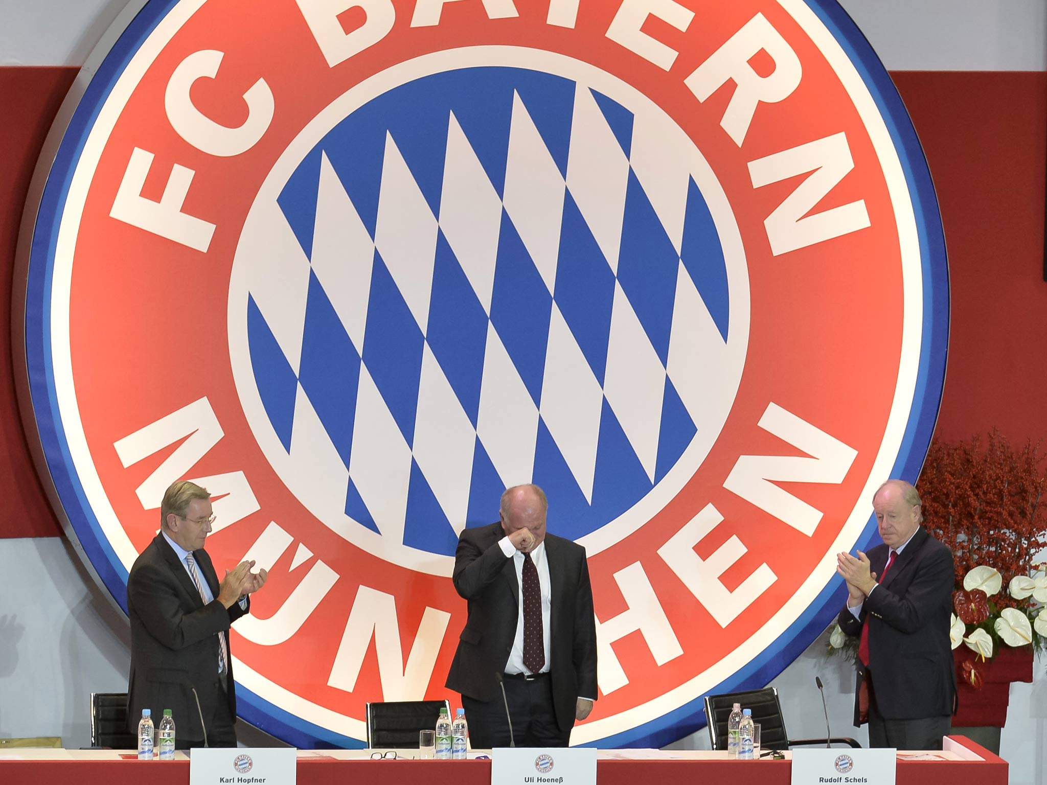 Bayern Munich president Uli Hoeness is reduced to tears at the club's annual general meeting