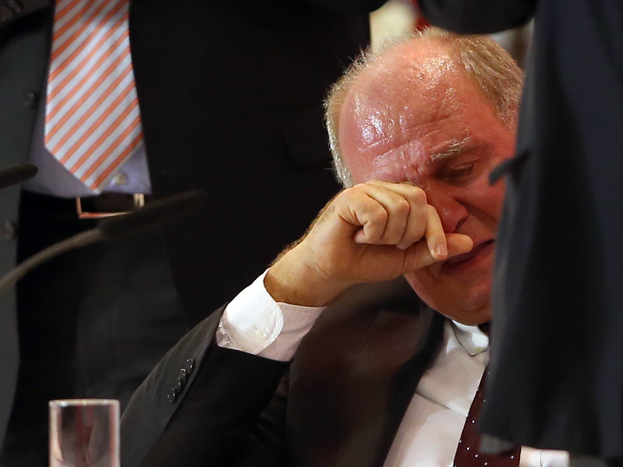 Bayern Munich president Uli Hoeness is reduced to tears at the club's annual general meeting 