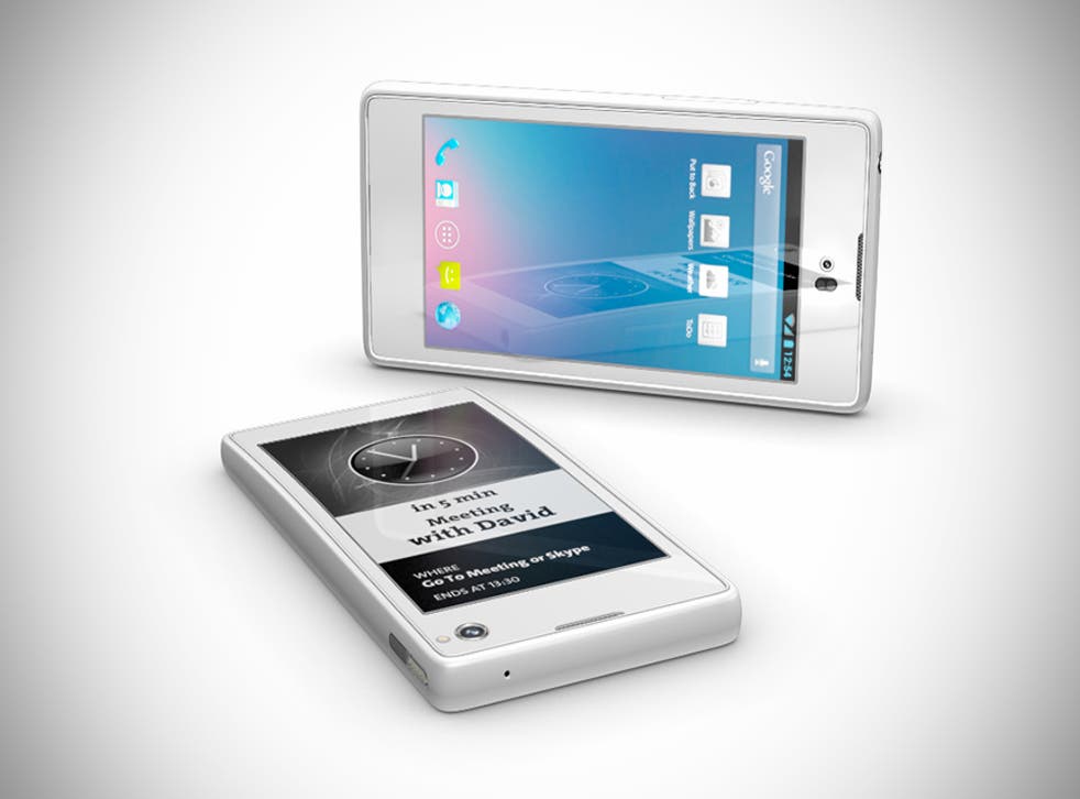 The YotaPhone: an E-Ink display on the back (left) and an LCD screen on the front (right).