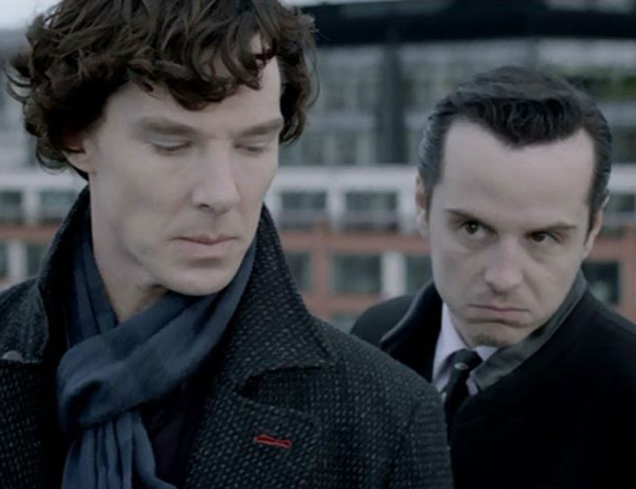 Adversaries: Benedict Cumberbatch (left) as Sherlock Holmes and Andrew Scott as Jim Moriarty in the ‘Sherlock’ series-two finale ‘The Reichenbach Fall’ 
