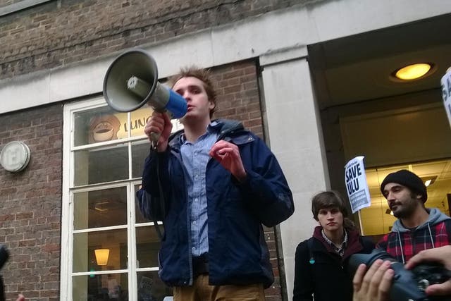 Arrested ULU president Michael Chessum at yesterday's protest