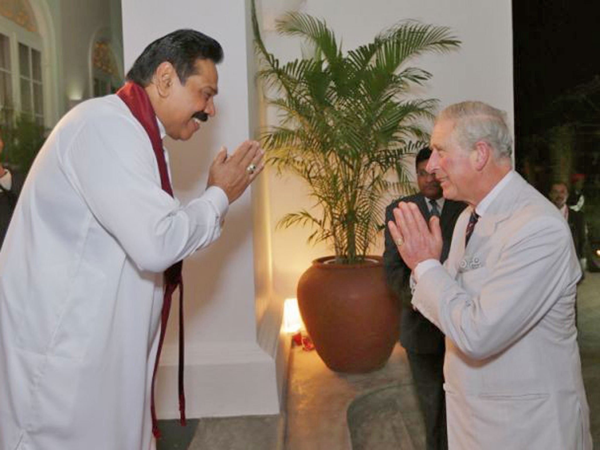 14 November 2013: Sri Lankan President Mahinda Rajapaksa greets Prince Charles during a reception at the President's House in Colombo, Sri Lanka. The Royal couple are visiting Sri Lanka in order to attend the 2013 Commonwealth Heads of Government Meeting