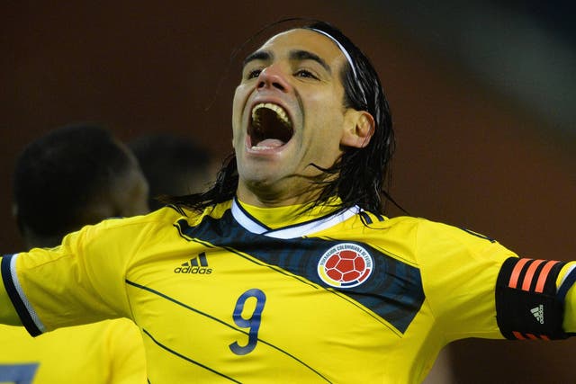 Radamel Falcao celebrates a goal for Colombia against Belgium