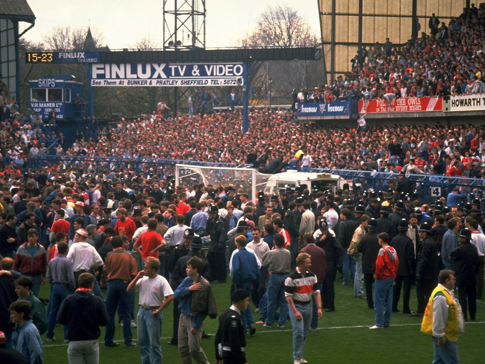 The scene of chaos during the Hillsborough disaster in April 1989