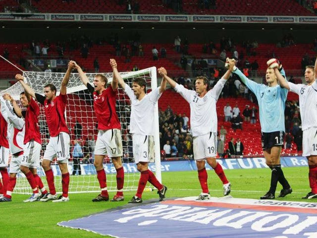 Winners: The German team salute their fans after beating England in 2007