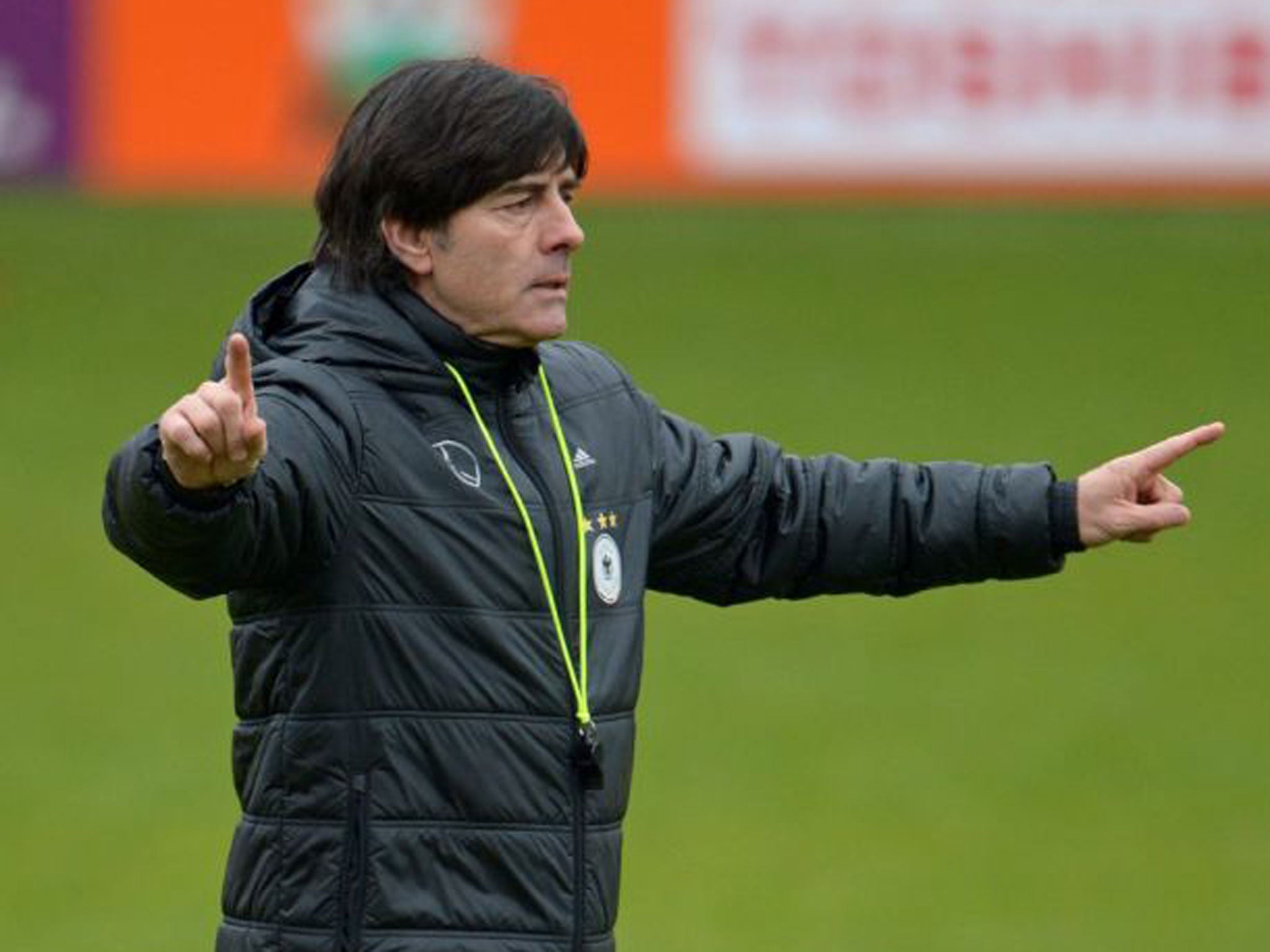 Joachim Low points the way for Germany during training in Barnet