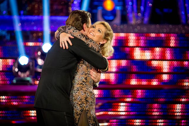Fiona Fullerton hugs her partner Anton as she leaves Strictly Come Dancing 2013