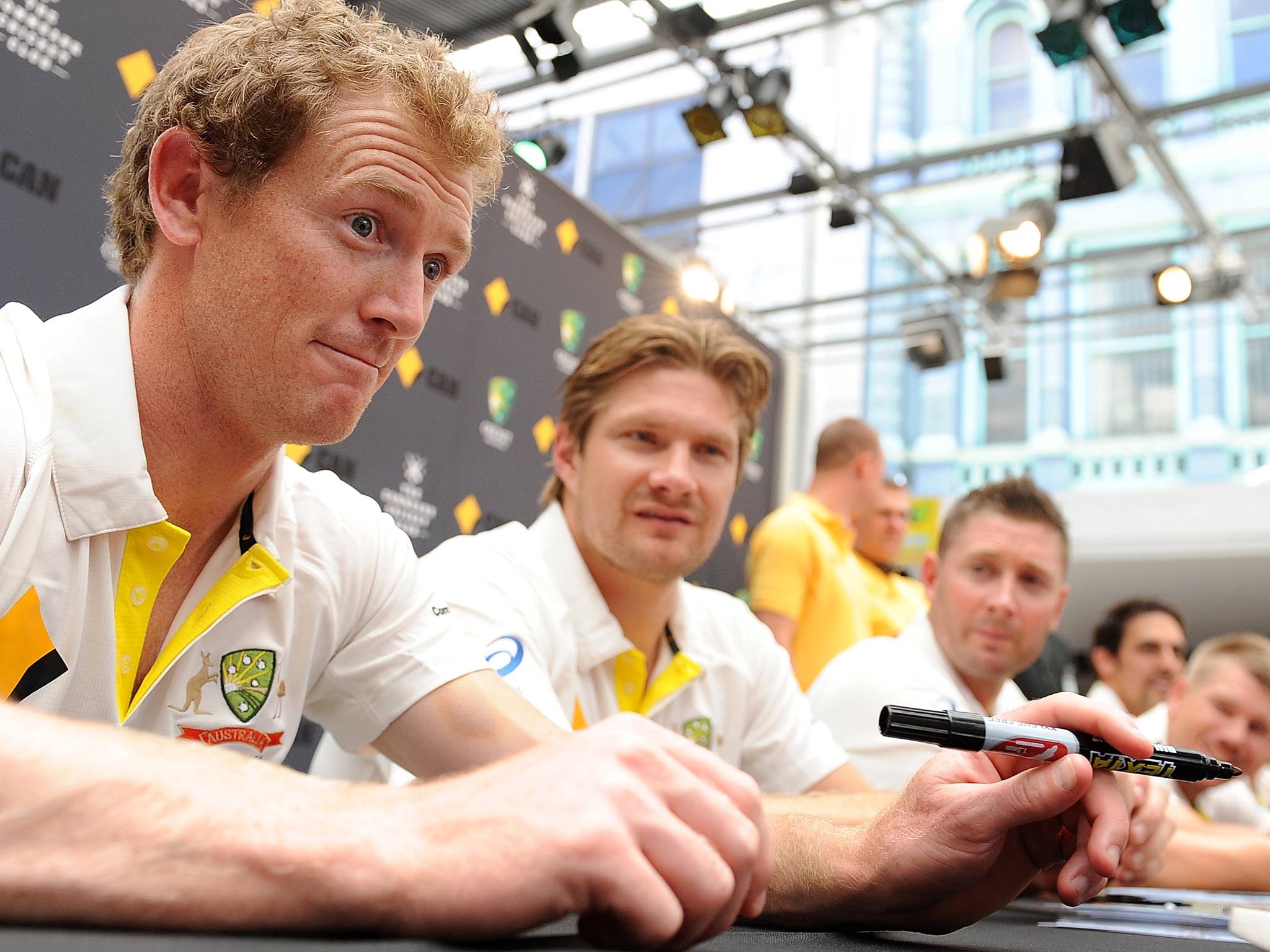 George Bailey of Australia looks on during an Australian Men's cricket team fan day at Queen St Mall