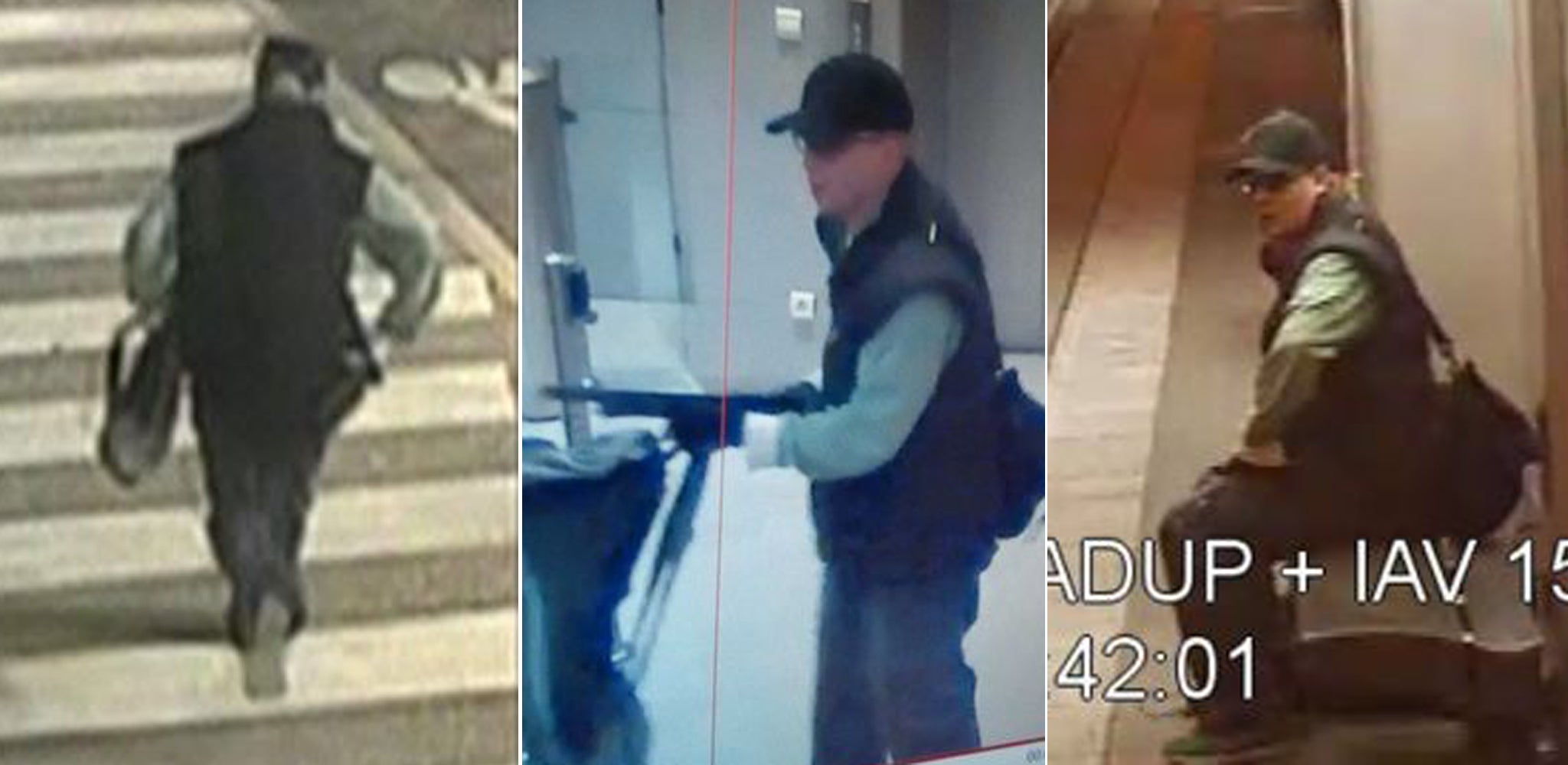 CCTV shows the suspect yesterday; the same suspect points a shotgun at employees of the BFM TV station in Paris on Saturday; the suspect on a train station platform yesterday