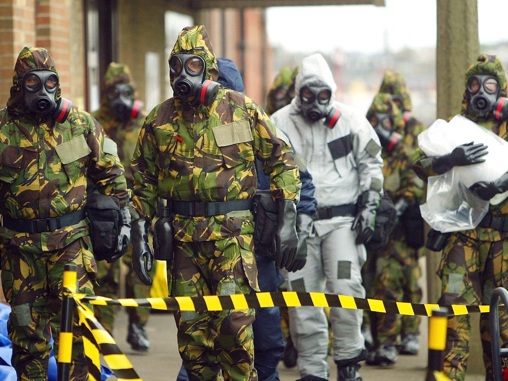 Police officers during a drill to cope with a biological terror attack