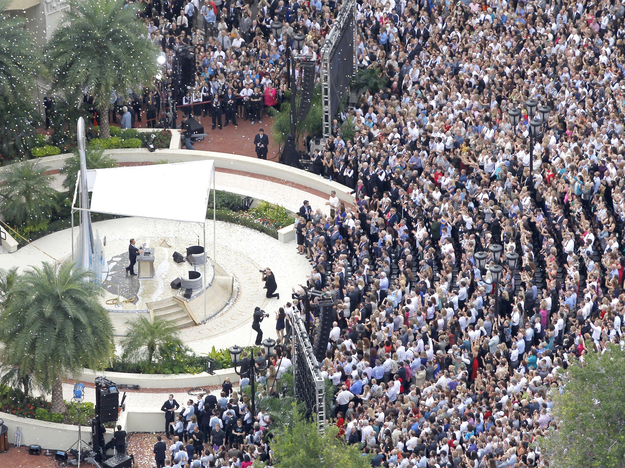 Confetti falls as the Church of Scientology leader David Miscavige dedicates the Flag Building in Clearwater, Florida