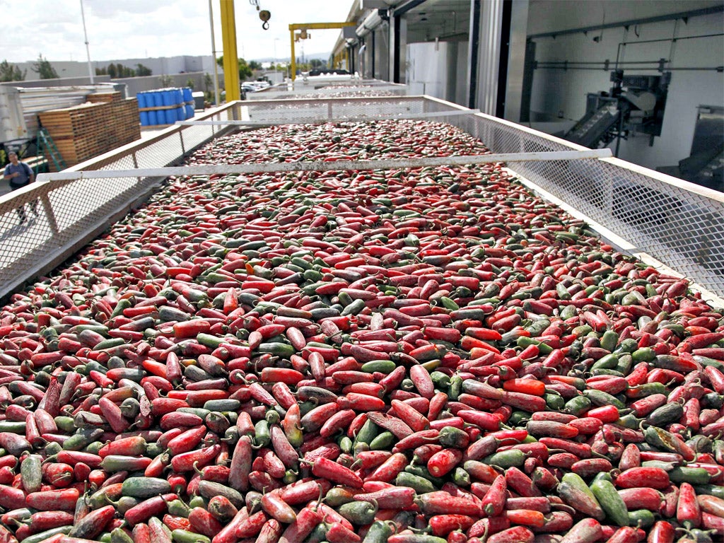 Sriracha chili sauce being produced at the Huy Fong Foods factory in Irwindale, California