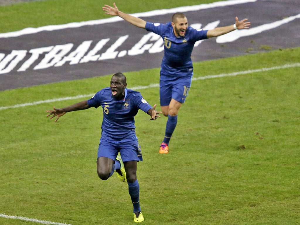 Mamadou Sakho celebrates scoring France’s first goal