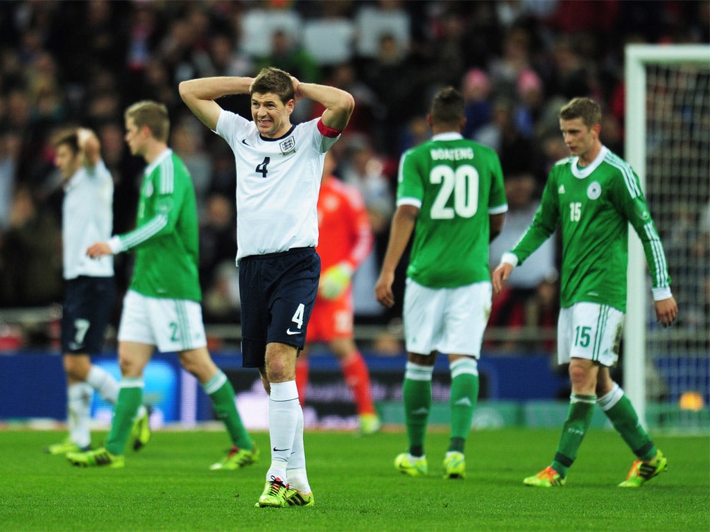 England captain Steven Gerrard reacts to Germany's goal
