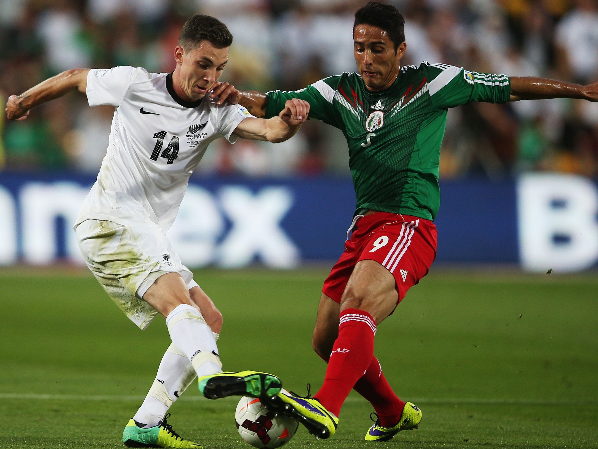 Storm Roux of New Zealand competes with Aldo De Nigris Guajardo of Mexico during the second leg of the Fifa World Cup qualifier