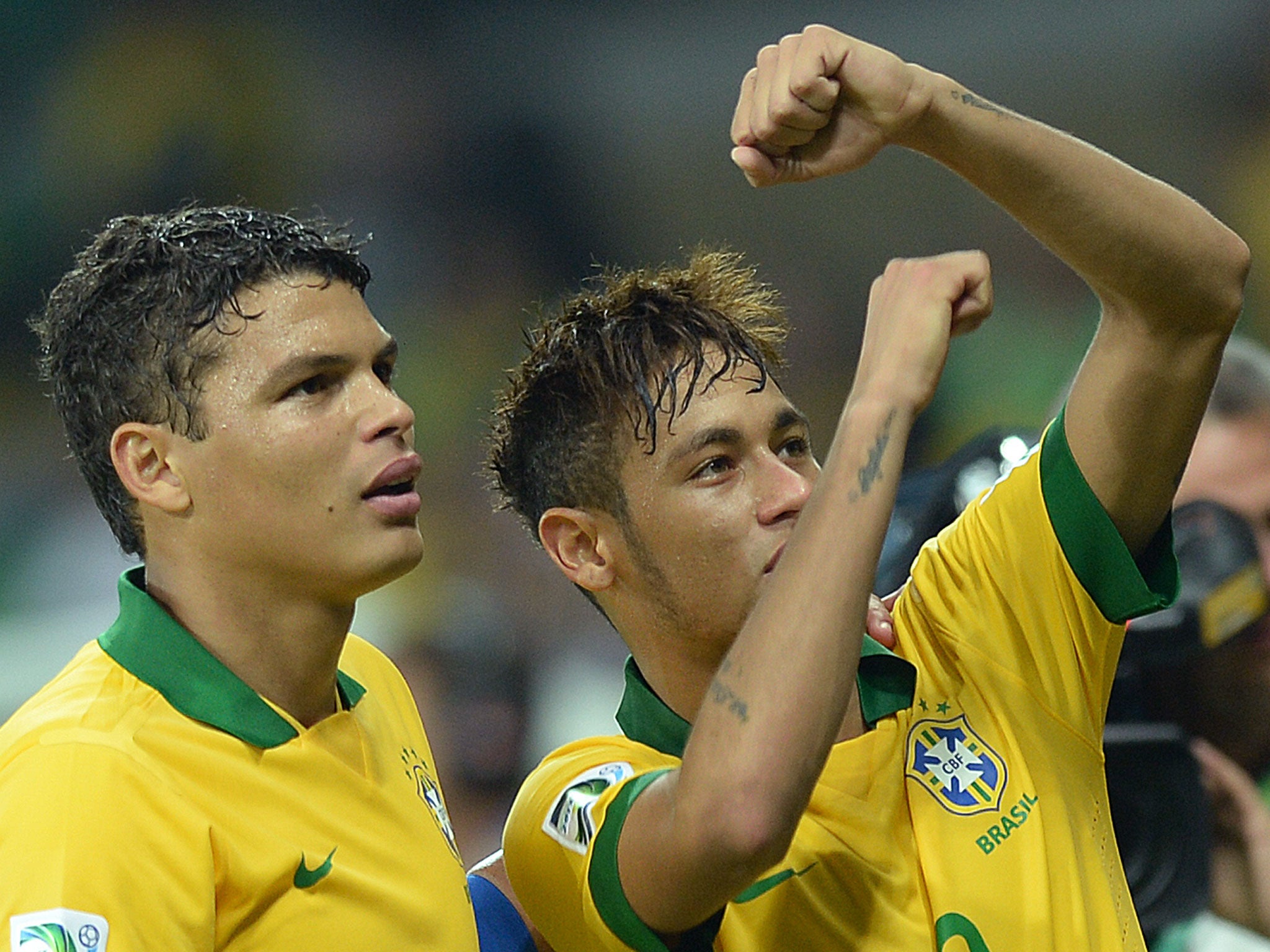 Thiago Silva and Neymar celebrates Brazil's Confederations Cup semi-final win over Uruguay
