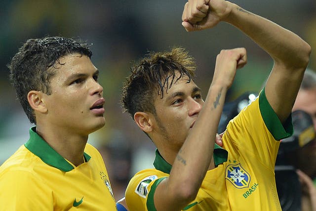Thiago Silva and Neymar celebrates Brazil's Confederations Cup semi-final win over Uruguay