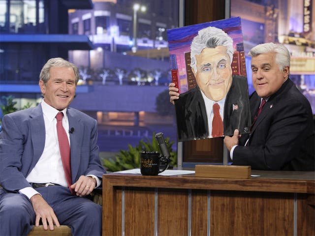 George Bush painted this portrait of Jay Leno, which he presented to the Tonight Show host on Tuesday