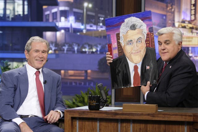George Bush painted this portrait of Jay Leno, which he presented to the Tonight Show host on Tuesday