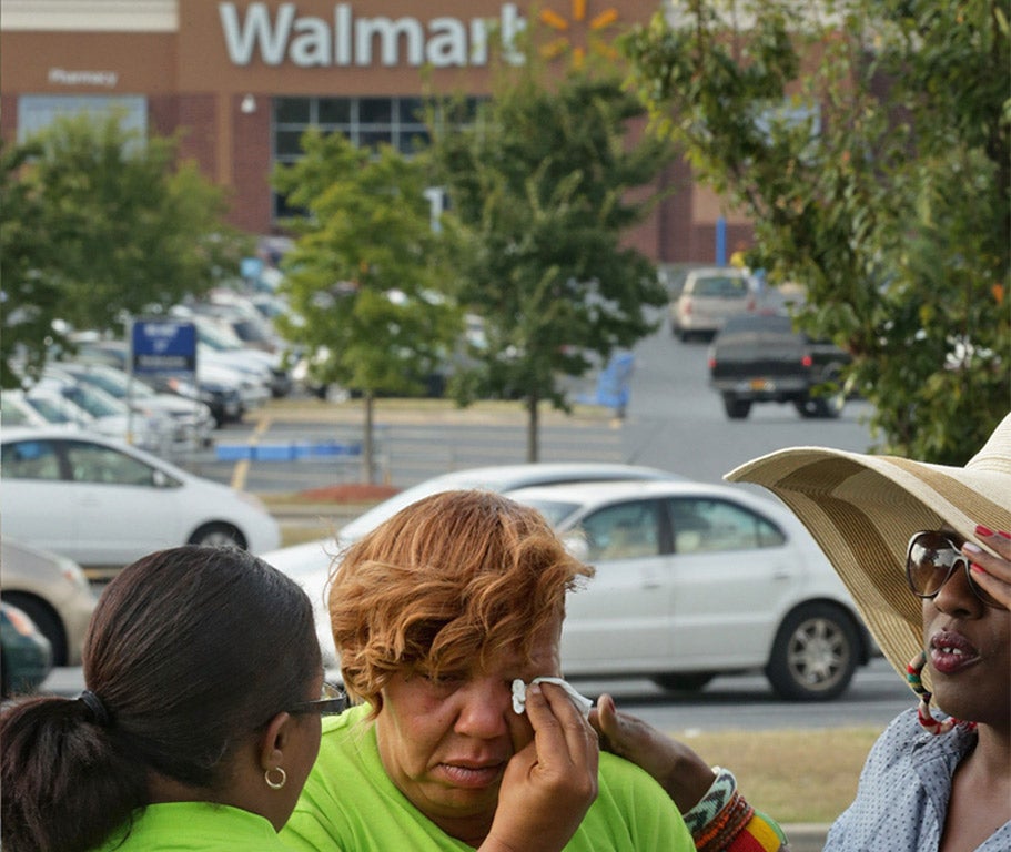 Emotions boil over at a protest against Walmart’s labour practices in Hyattsville, Maryland, in September (Getty)