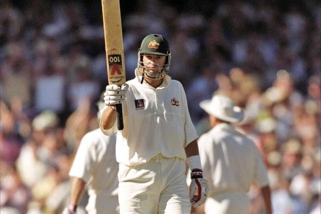 Mark Waugh celebrates reaching his century in the Ashes Test against England in Sydney in 1999