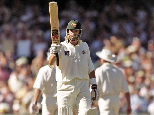 Mark Waugh celebrates reaching his century in the Ashes Test against England in Sydney in 1999