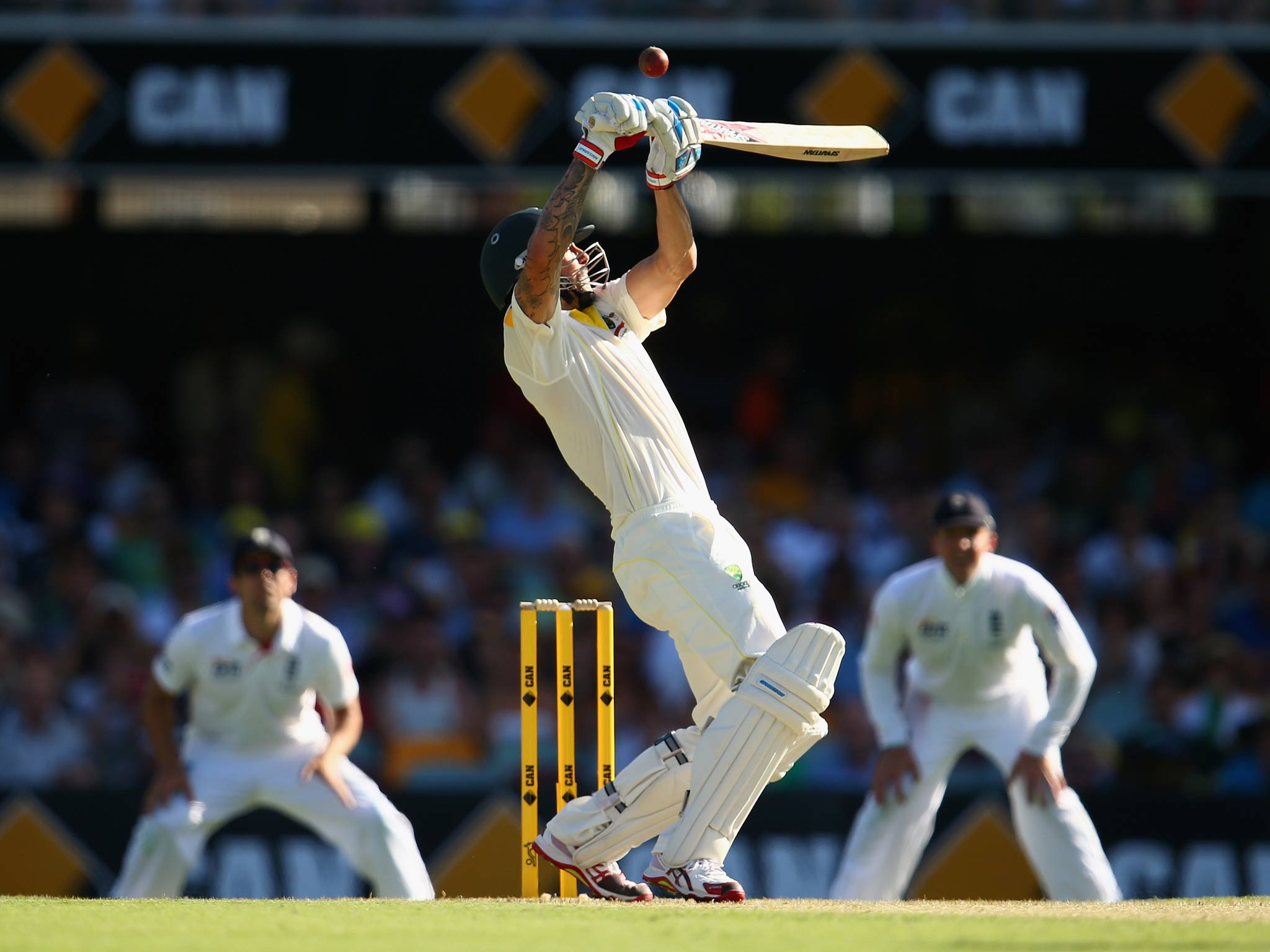Mitchell Johnson of Australia bats during day one of the First Ashes Test match between Australia and England at The Gabba