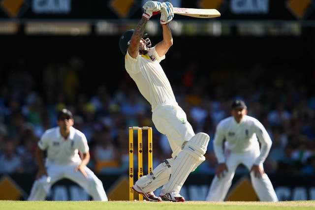 Mitchell Johnson of Australia bats during day one of the First Ashes Test match between Australia and England at The Gabba