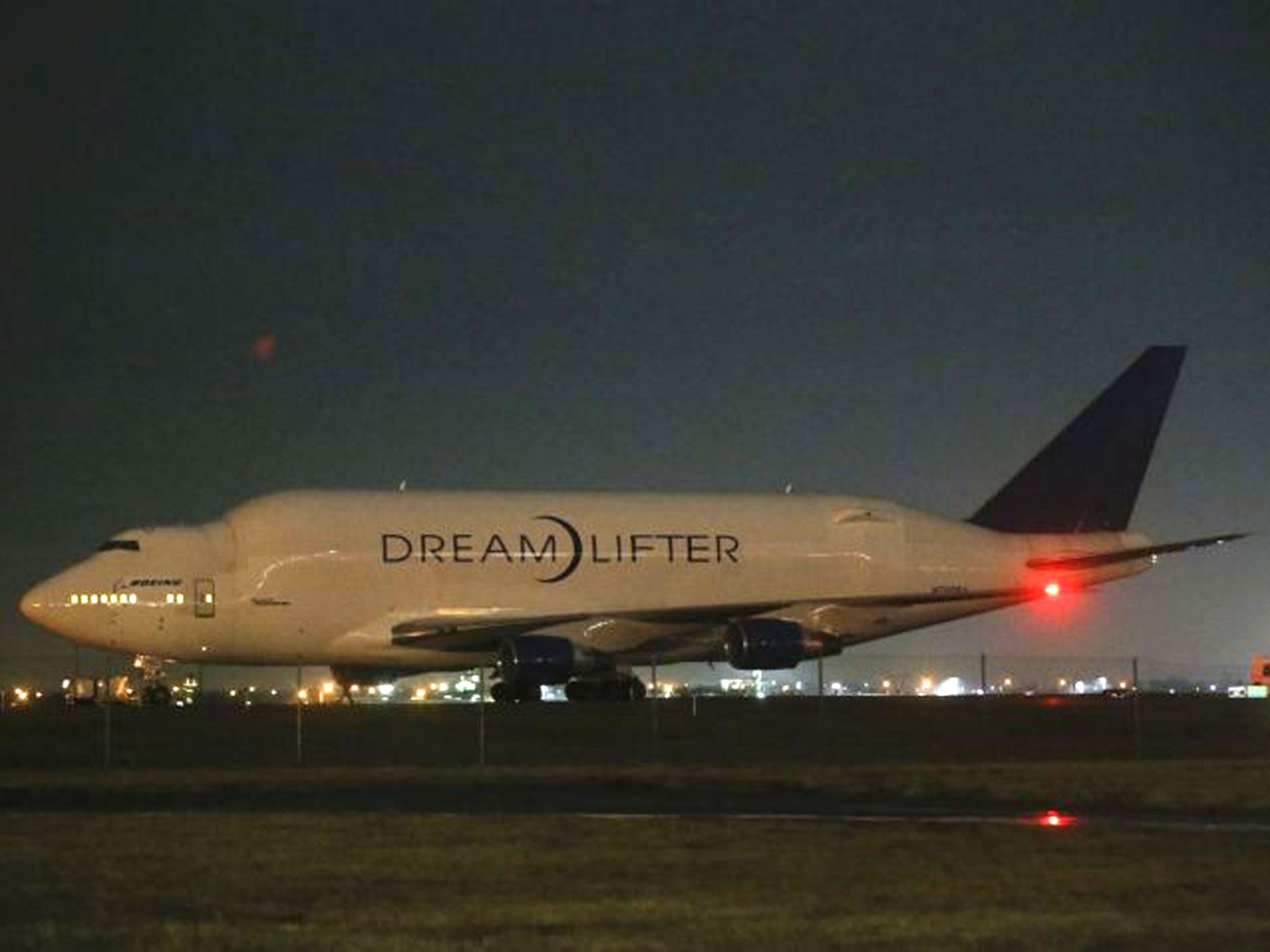 A Boeing 747 LCF Dreamlifter sits on the runway after accidentally landing at Jabara airport in Wichita, Kansas thinking it was landing at McConnell Air Force Base