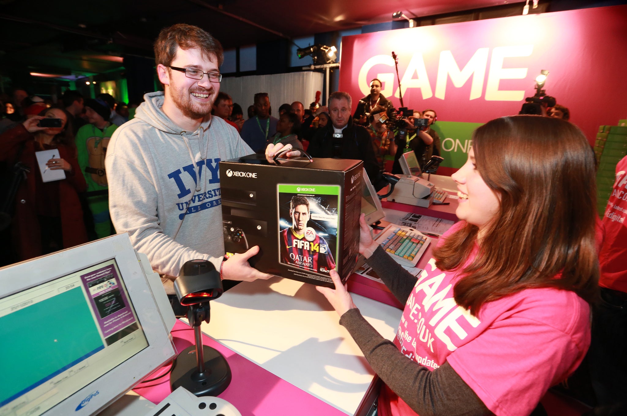 In the UK, 26-year-old Charlie Pulbrook was the first customer to buy the Xbox One from GAME's pop up store in the Trocadero, London.