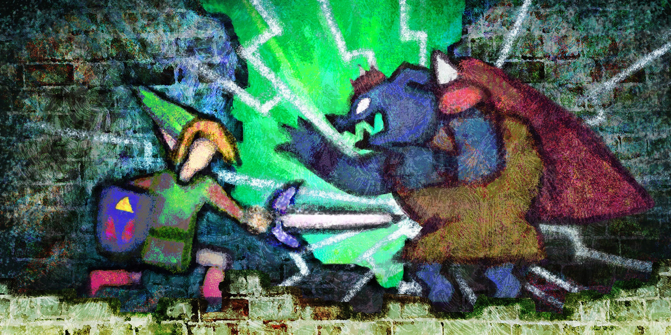 An illustration from the prologue of the game: Link from 'A Link to the Past' slays Ganon.