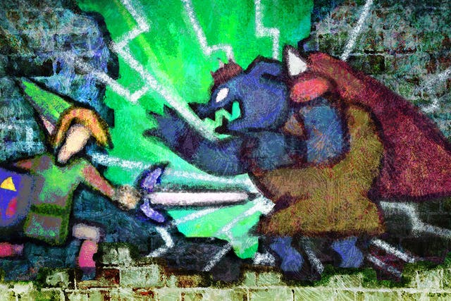 An illustration from the prologue of the game: Link from 'A Link to the Past' slays Ganon.