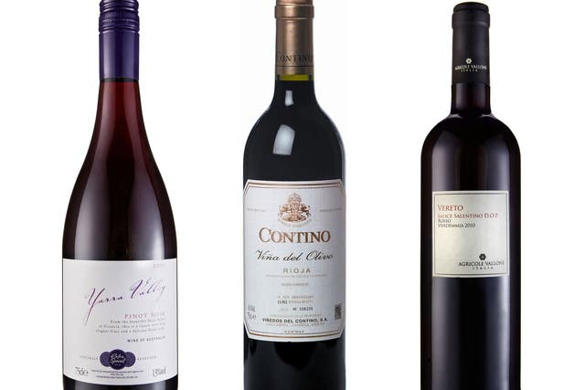 2012 Extra Special Yarra Valley Pinot Noir; 2005 Contino Rioja, Alavesa; 2010 Vereto Salice Salentino