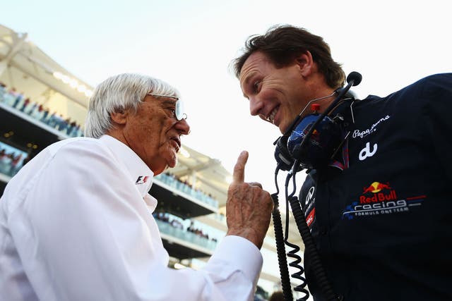 Christian Horner gets the point in an amiable exchange with ageing Formula One chief Bernie Ecclestone