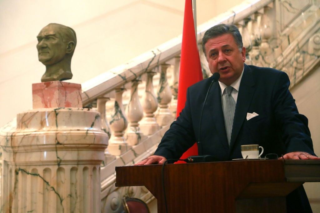 Turkish Ambassador to Egypt Huseyin Avni Botsali speaking during a ceremony at the Turkish Embassy in Cairo, Egypt, 10 November 2013