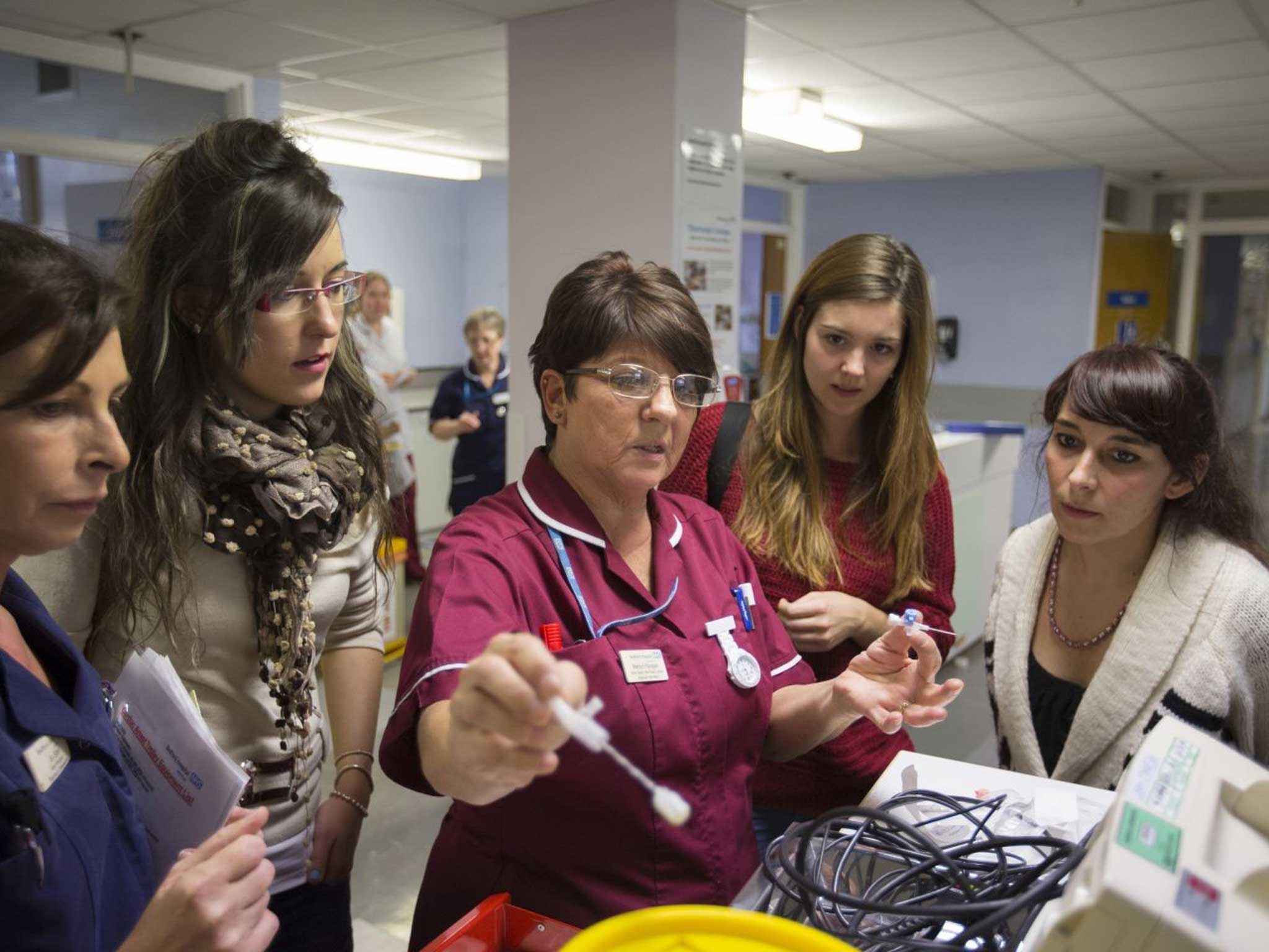 New recruits: Bedford Hospital ward sister Marilyn Flanagan instructs nurses from Spain