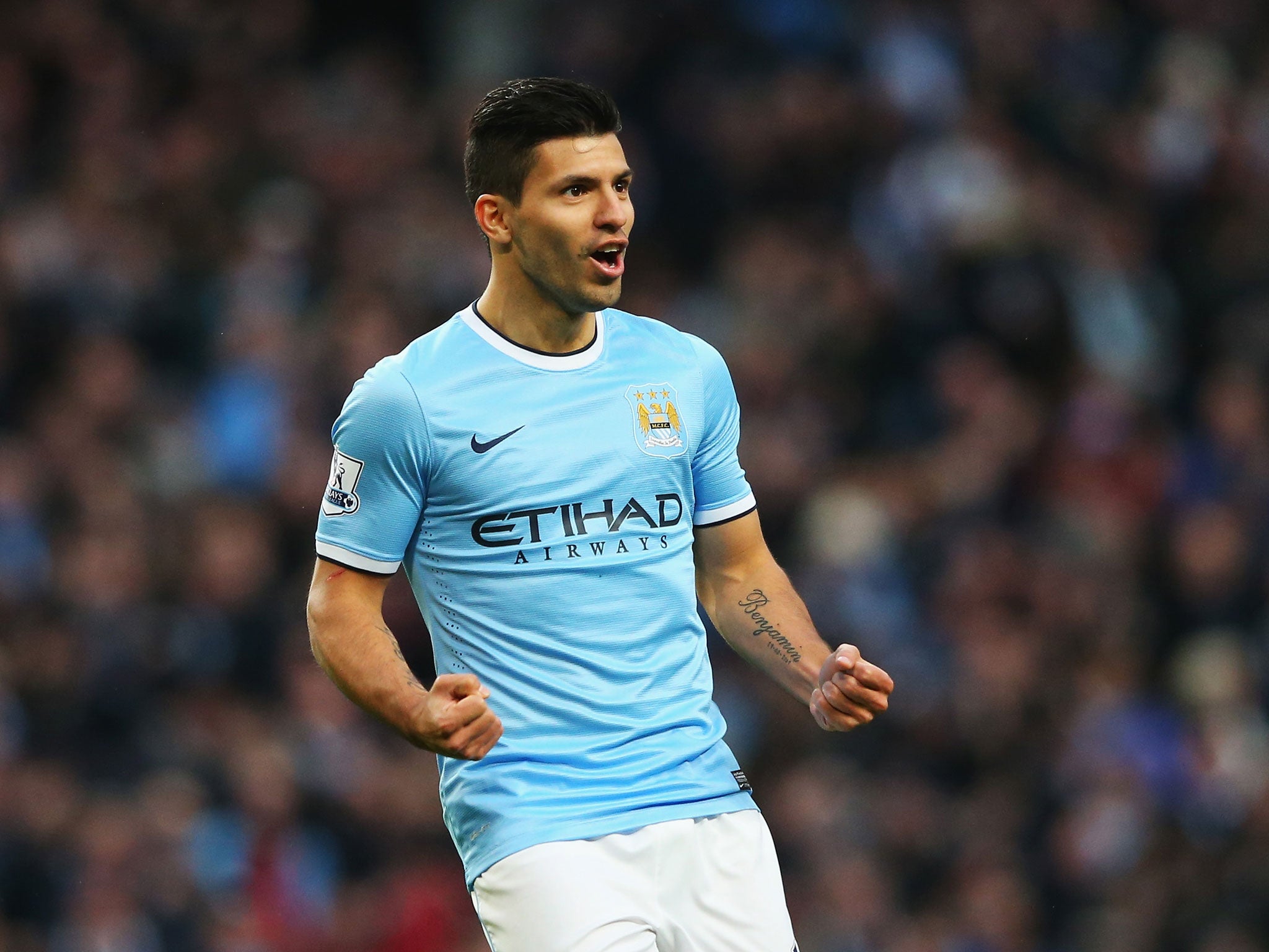 Sergio Aguero will be hoping for more celebrations against Arsenal on Saturday