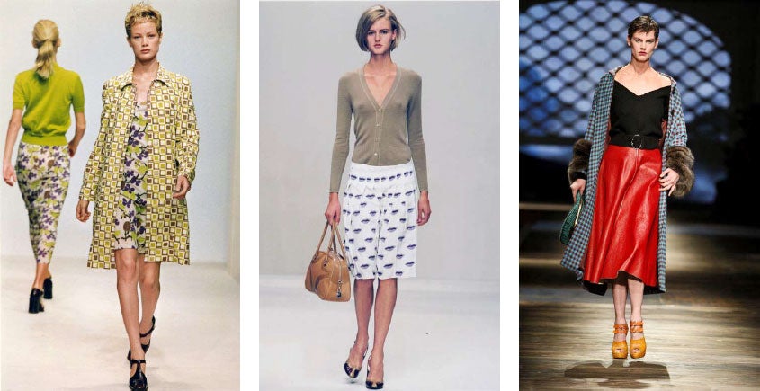 The Hit Parade: (left to right) Prada’s ‘Ugly Chic’ from spring/summer 1996, ‘Sincere Chic’ for spring/summer 2000, and a look from Miuccia Prada’s autumn/winter 2013 collection