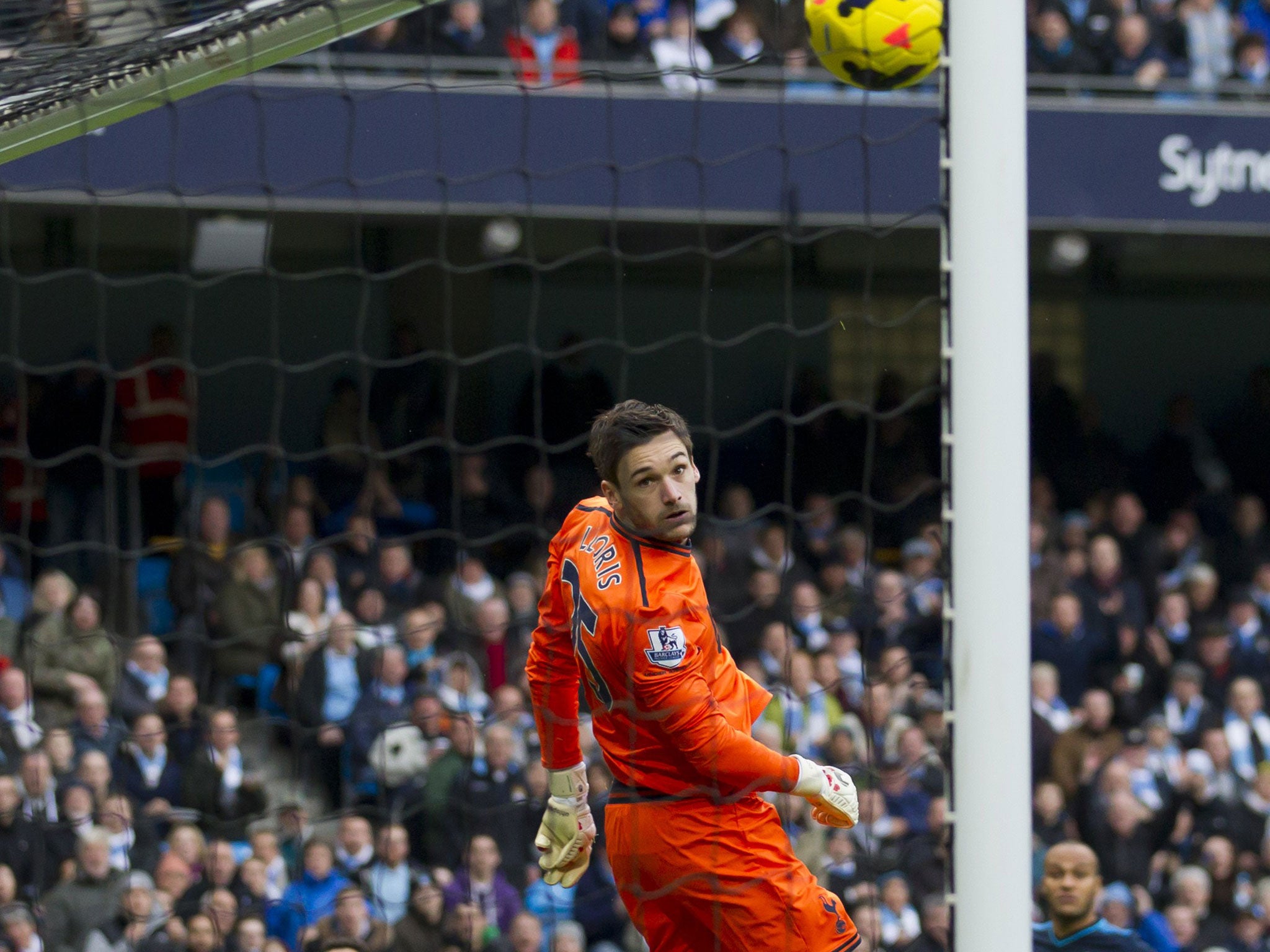 Manchester City's Jesus Navas (left) beats Hugo Lloris to open the scoring after only 14 seconds