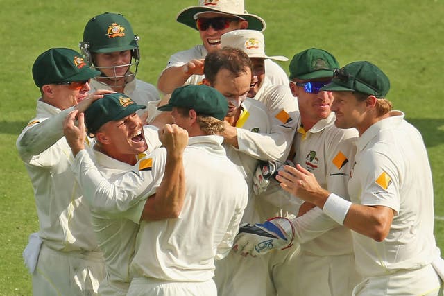 The Australian players celebrate another wicket on their way to victory over England 