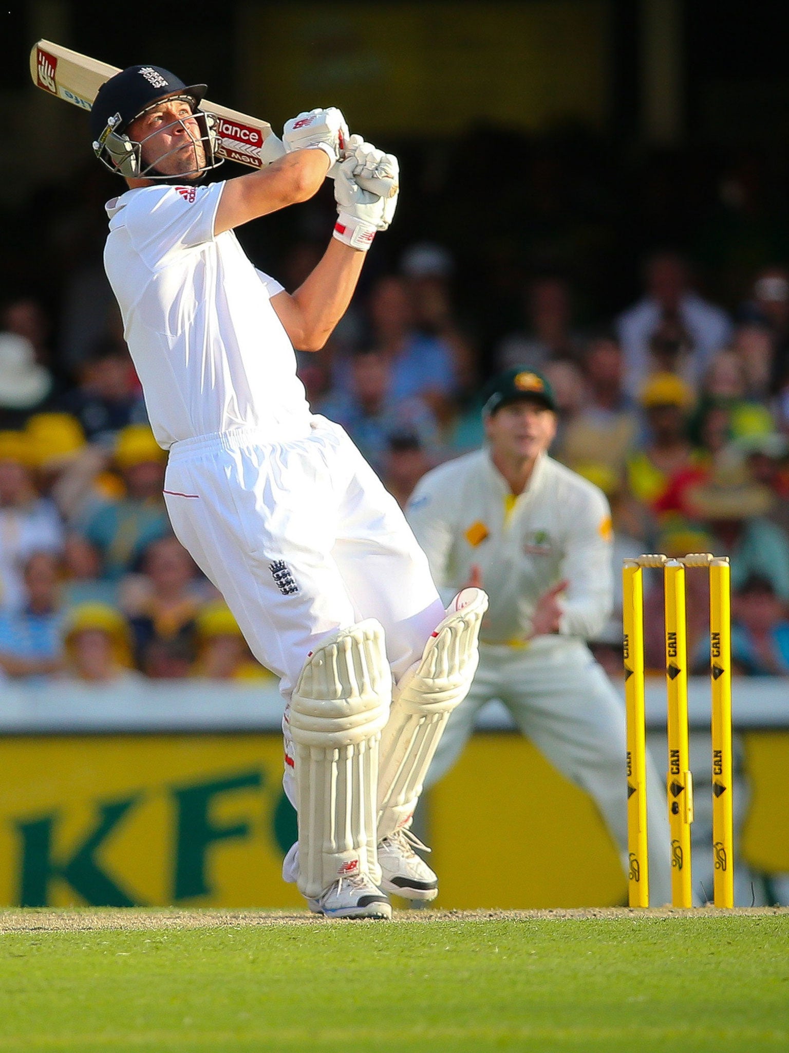 Jonathan Trott fails to keep his hook shot down and is caught in the deep during the first Test