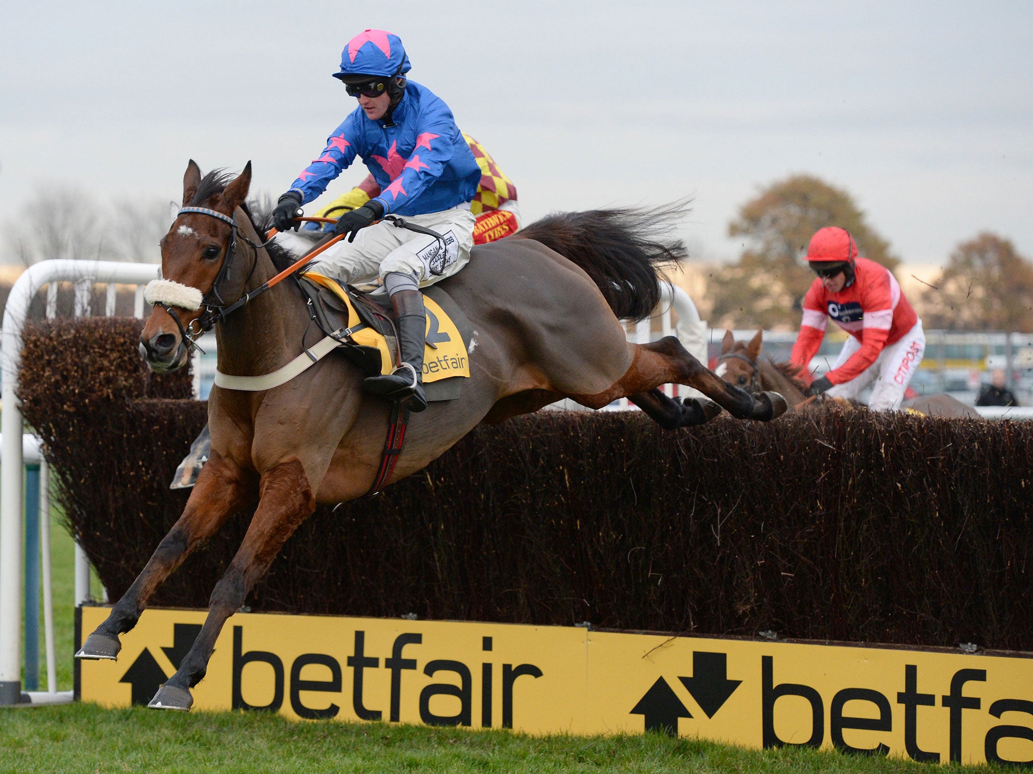 Cue Card puts in a trademark leap for Joe Tizzard in winning the Betfair Chase at Haydock