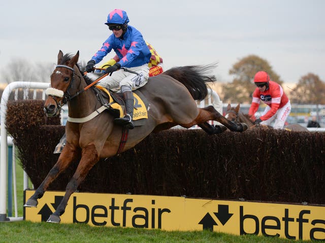 Cue Card puts in a trademark leap for Joe Tizzard in winning the Betfair Chase at Haydock 