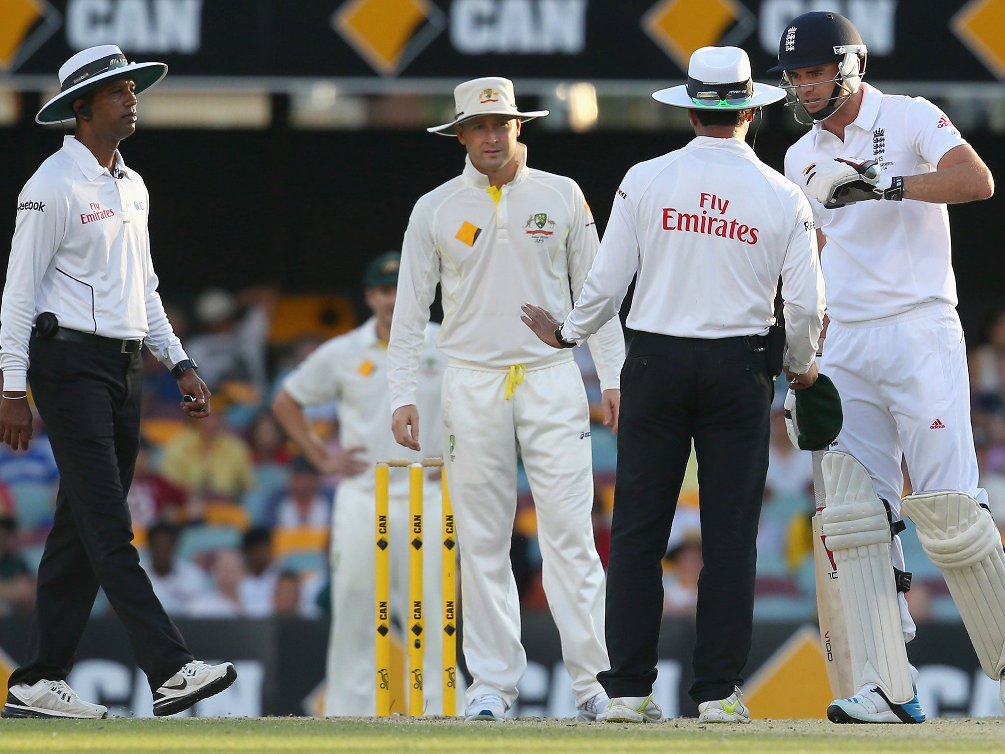 The umpires and James Anderson have words following the Englishman's spat with Michael Clarke